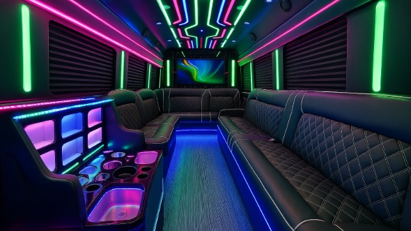 Interior of Charter Bus Company Eugene's 50 Passenger Party Bus in Eugene
